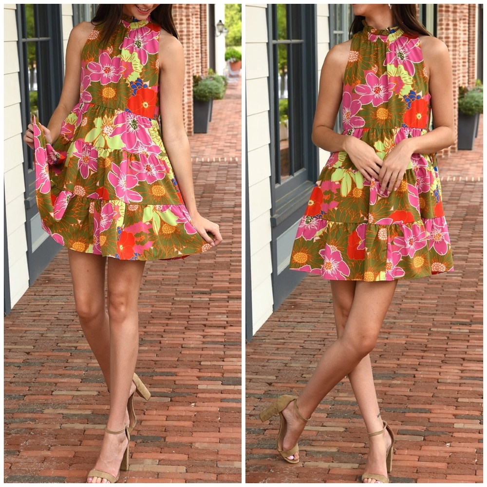 TCEC Floral Mock Neck Tiered Short Swing  Dress - Picture 7 of 8